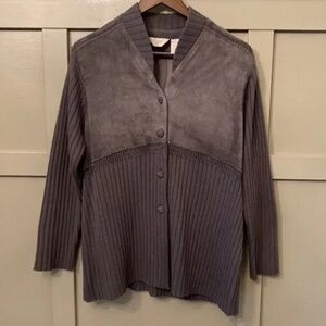 J. Jill Leather & Wool Blend Knit Button Down Cardigan Sweater Jacket Gray MP